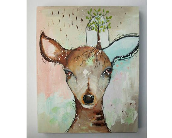 570x456 Original Deer Painting Whimsical Boho Mixed Media Abstract Art - Deer Painting On Wood
