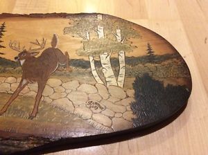 300x224 Signed Stenman Studios Wood Plaque Carving Painting Live Edge Deer - Deer Painting On Wood