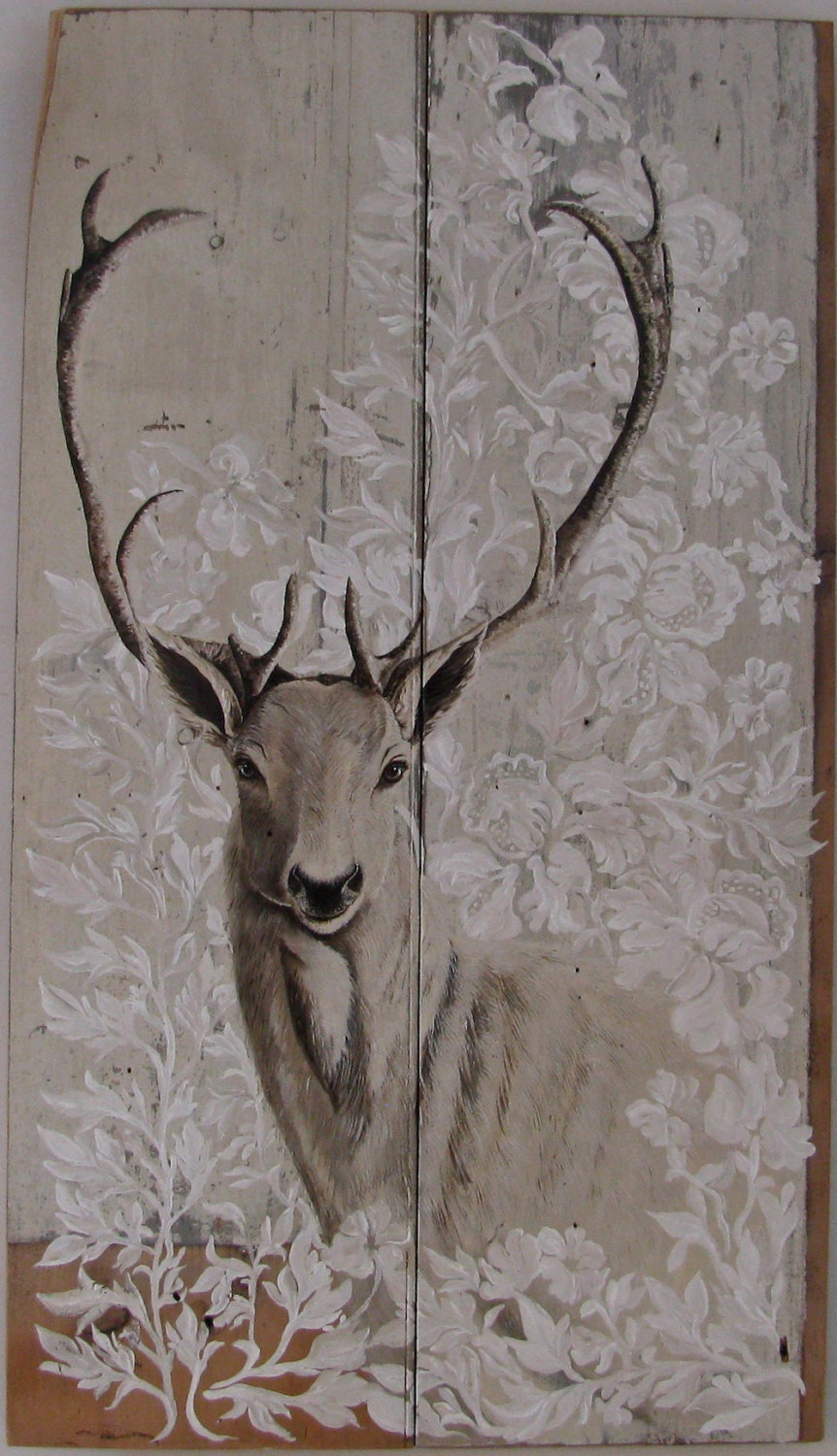 862x1500 Deer Flower Original Acrylic Painting On Repurposed Wood Panals - Deer Painting On Wood