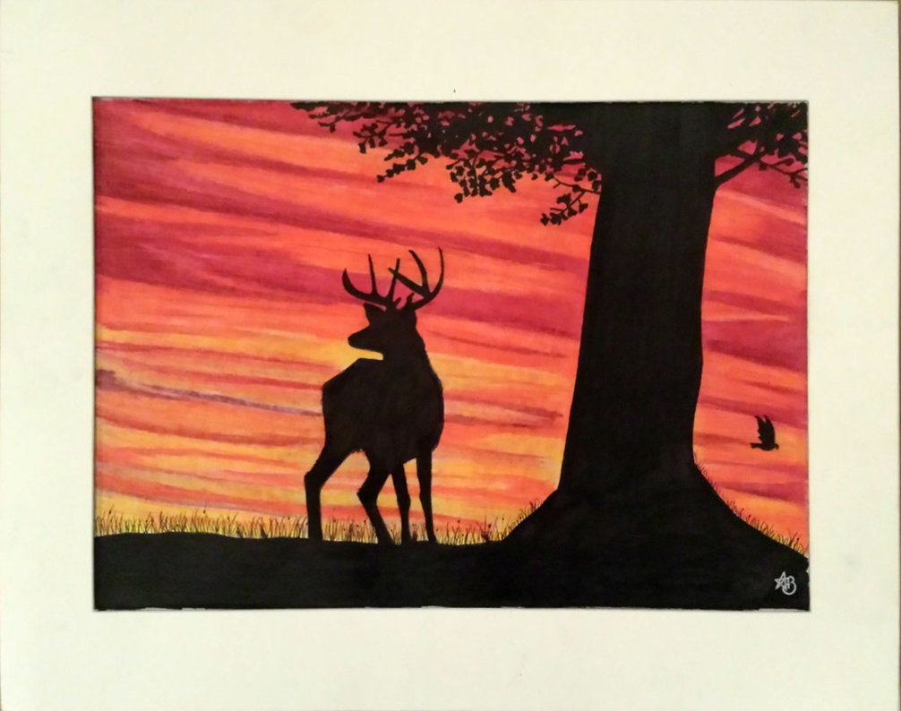1006x794 Deer Sunset Silhouette Drawing 27x35cm By Annvasart - Deer Silhouette Painting