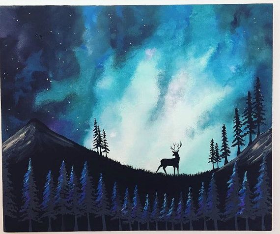 570x476 Deer Silhouette Painting Galaxy Painting By Bittersweetcanvas - Deer Silhouette Painting