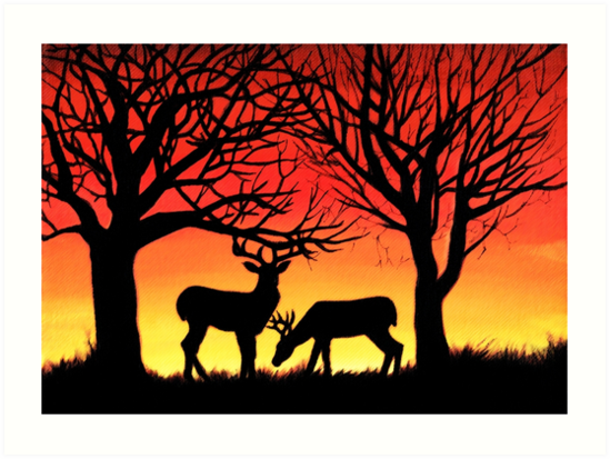 549x413 Grazing Deer - Deer Silhouette Painting