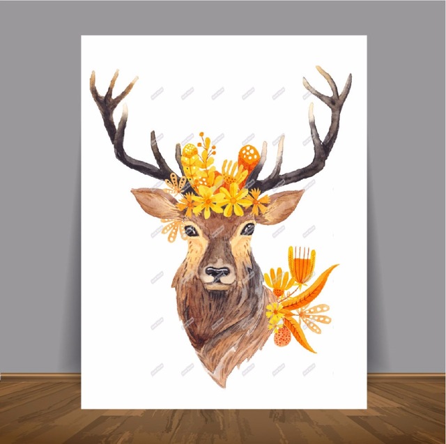 640x637 Watercolor Deer Sugar Skull Print Canvas Painting Wall Art Poster - Deer Skull Canvas Painting