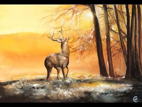 480x360 Watercolor Deer In A Fall Morning Painting Demonstration - Deer Watercolor Painting