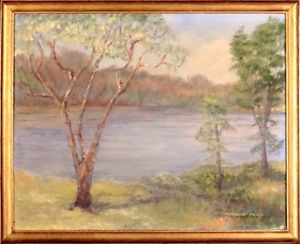 300x244 Superb Ca.1960 Delaware River Banks Wtrees Amp Woods Painting Oil - Delaware River Painting