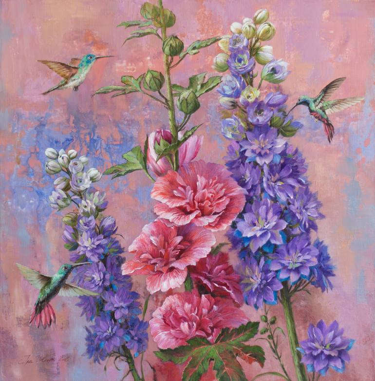 770x782 Saatchi Art Delphinium And Mallow Painting By Ira Volkova - Delphinium Painting