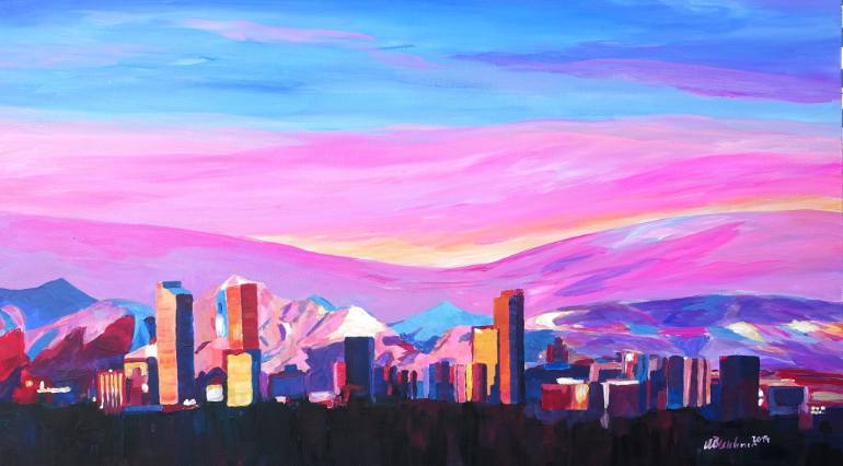 770x426 Saatchi Art Denver Colorado Skyline With Luminous Rocky Mountains - Denver Painting