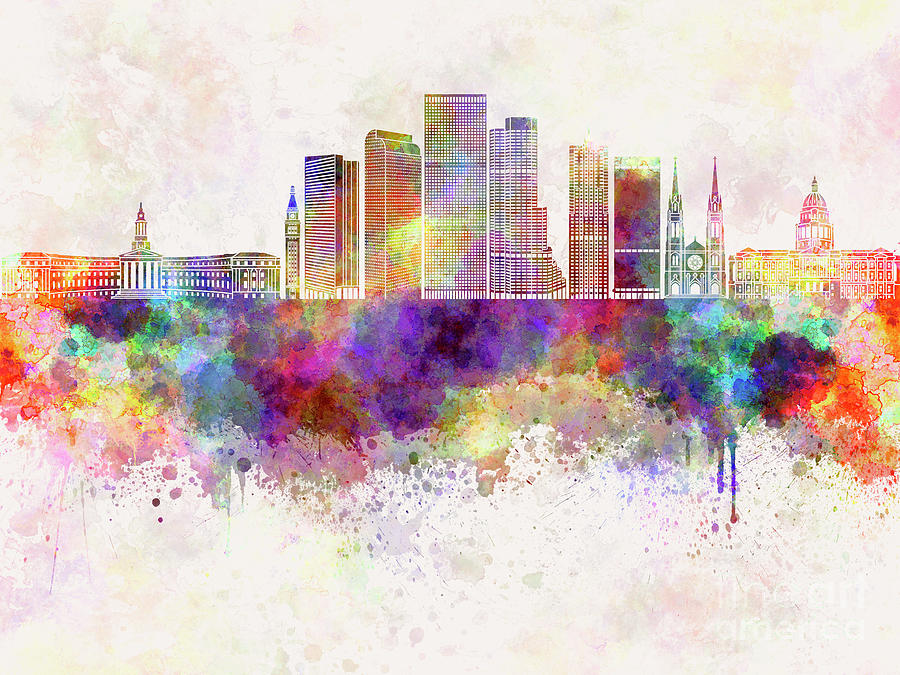 900x675 Denver V2 Skyline In Watercolor Background Painting By Pablo Romero - Denver Skyline Painting