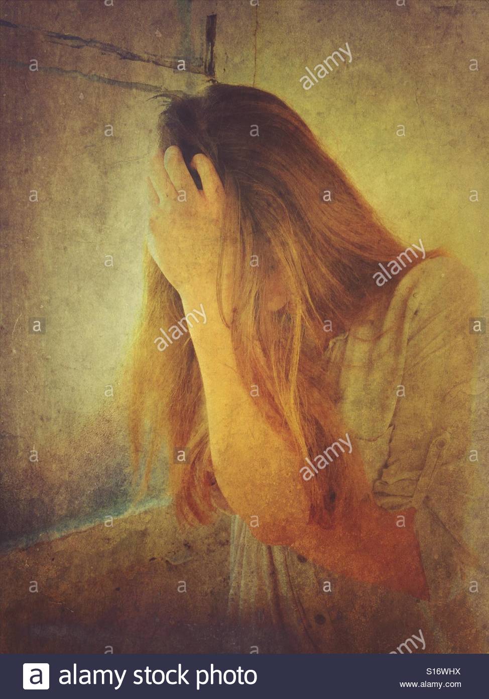 974x1390 Depressed Woman Head In Hands By The Window Stock Photo 310553094 - Depressed Girl Painting