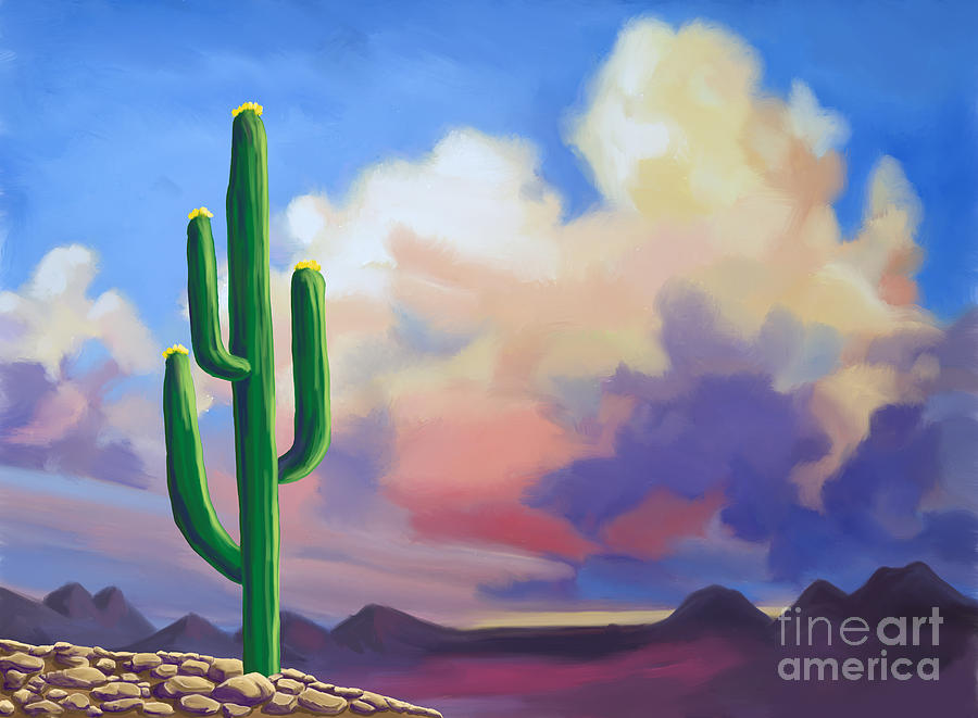 900x661 Desert Cactus At Sunset Painting By Tim Gilliland - Desert Cactus Painting