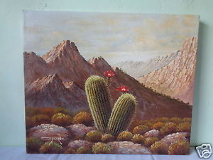 300x225 Vintage Signed Mystery Artist J. Mario Desert Cactus Flower - Desert Cactus Painting