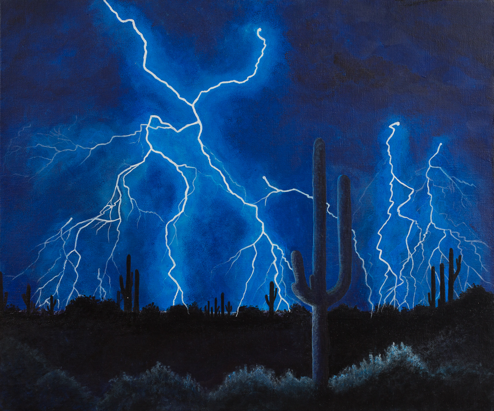 1000x833 Night Flash Painting Of Desert Lightning - Desert Night Painting