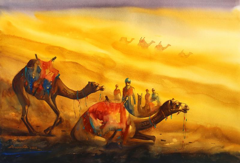 800x546 Golden Desert Ii By Artist Ananta Mandal Landscape Art - Desert Painting Images