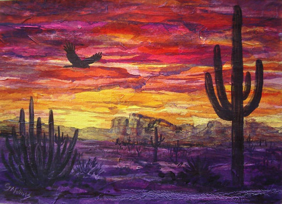 570x412 Cactus Desert Sunset Painting Buttes Mesa Hawk Falcon Original - Desert Sunset Painting