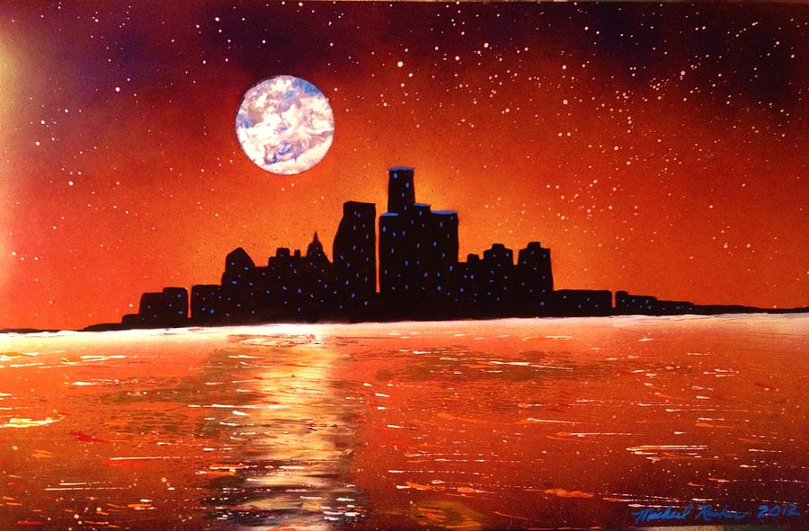 900x591 Detroit Skyline Painting By Michael Rucker - Detroit Painting