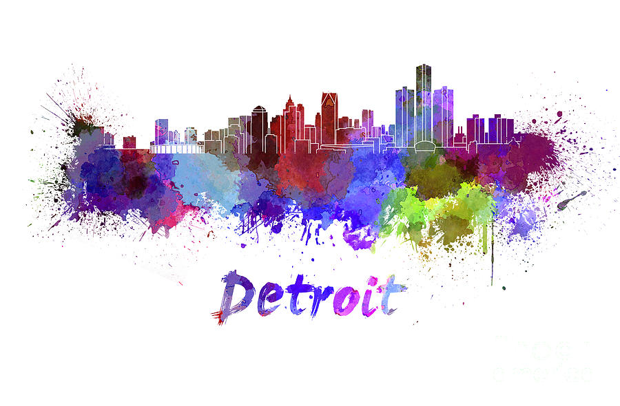 900x590 Detroit Skyline In Watercolor Painting By Pablo Romero - Detroit Skyline Painting
