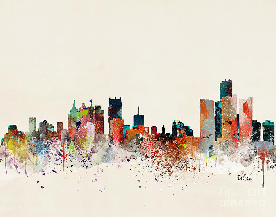 900x707 Detroit Skyline Painting By Bleu Bri - Detroit Skyline Painting
