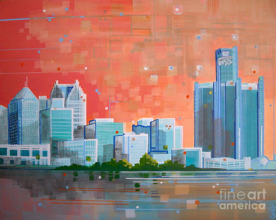 900x718 Detroit Skyline Painting By Carol Joy Shannon - Detroit Skyline Painting