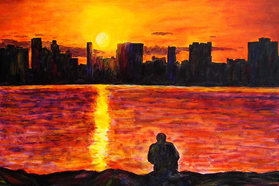 900x600 Detroit Skyline Painting By Suzanne Johnson - Detroit Skyline Painting
