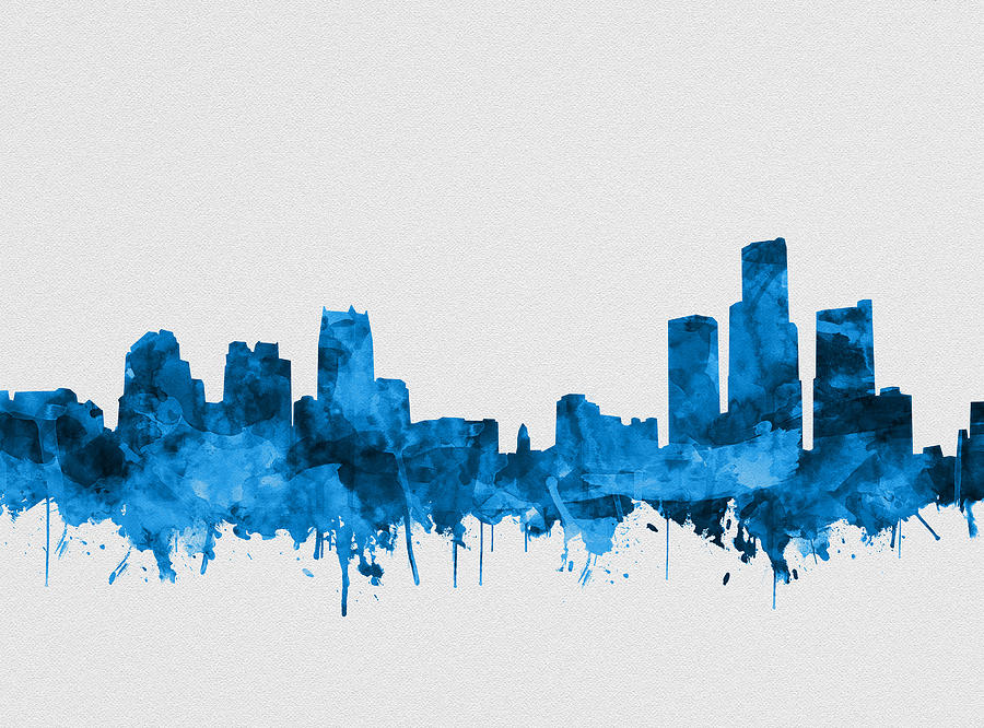 900x666 Detroit Skyline Watercolor Blue 8 Painting By Bekim Art - Detroit Skyline Painting