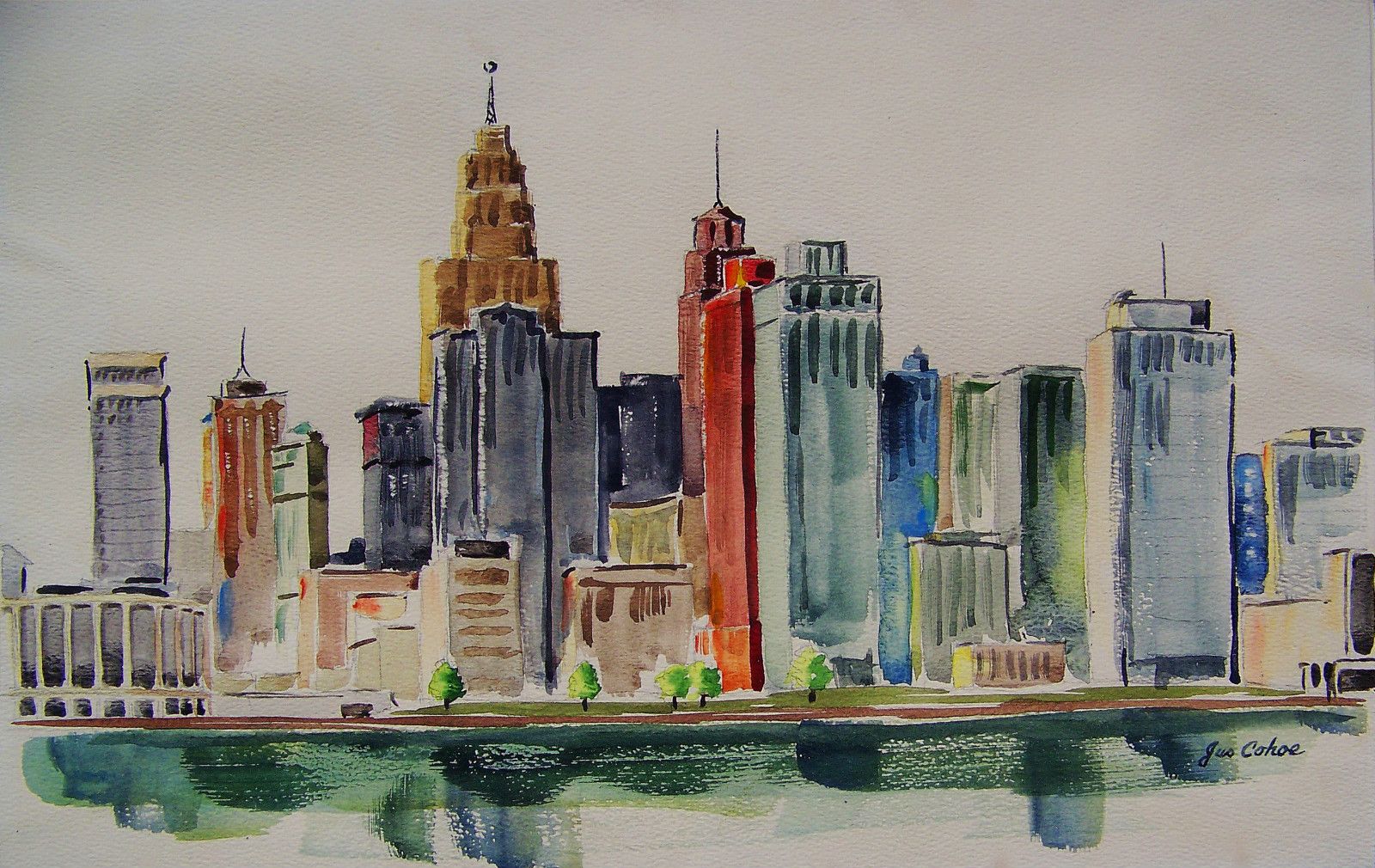 1600x1010 Jus Cohoe Detroit Skyline Painting 1968 Listed Michigan Artist - Detroit Skyline Painting