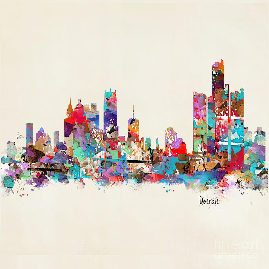 900x900 Detroit Michigan Skyline Square Painting By Bleu Bri - Detroit Skyline Painting