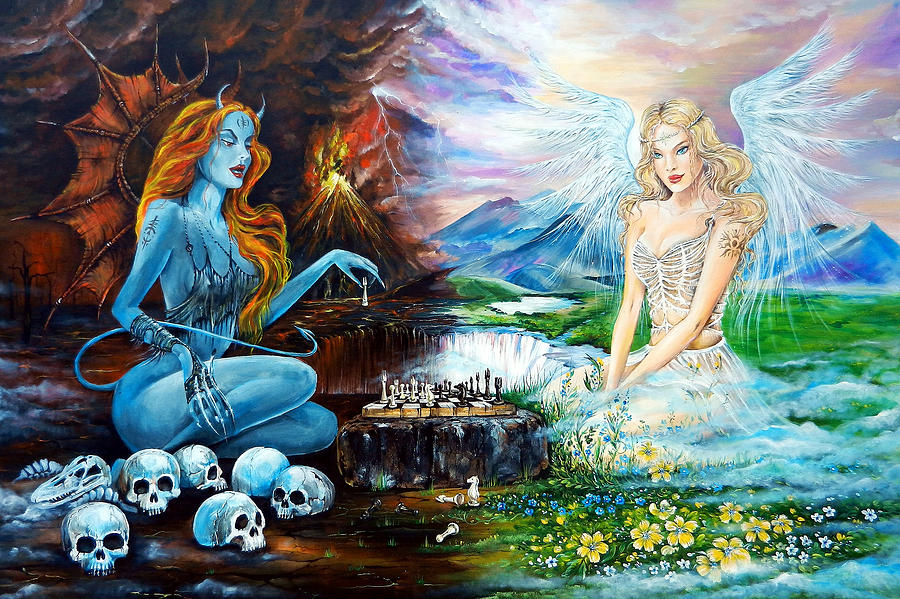 900x599 Devil And Angel Playing Chess Painting By Angel Egle Wierenga - Devil And Angel Painting