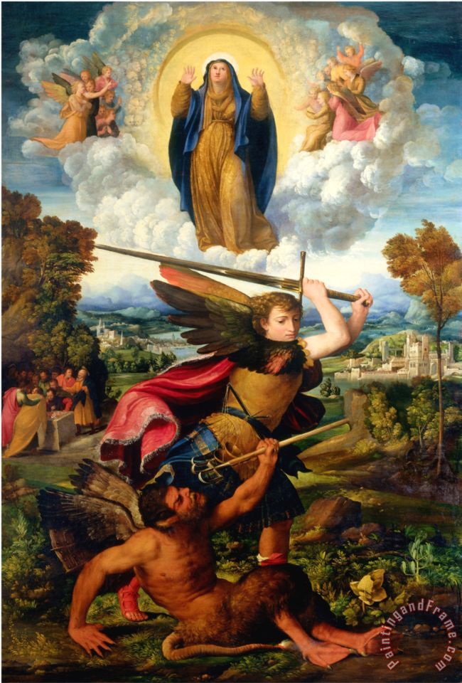 650x960 Dosso Dossi Saint Michael With Devil And Our Lady - Devil And Angel Painting