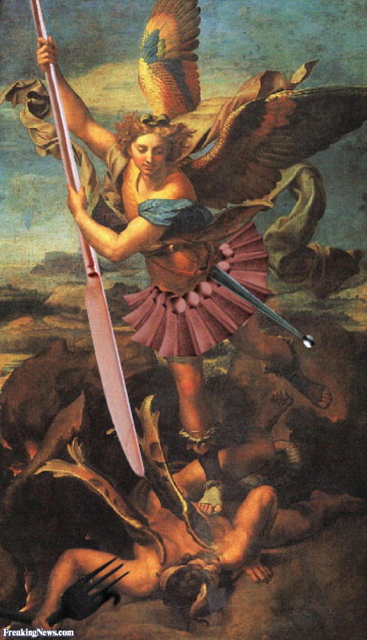 746x1300 Angel Killing Devil With Kitchen Knife Pictures - Devil And Angel Painting