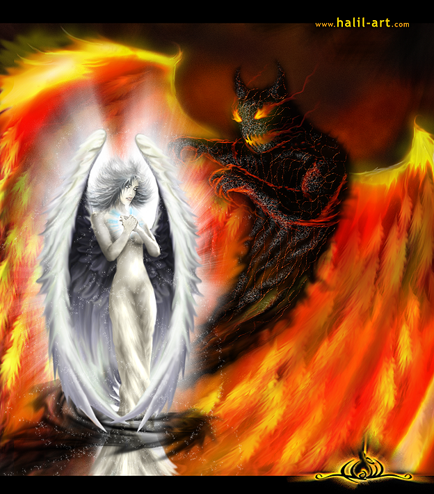 624x710 Angel And Devil By Halil Art - Devil And Angel Painting