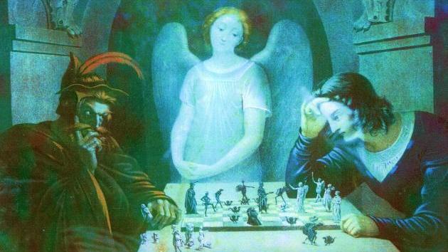 630x354 Jesus Christ And Paul Morphy - Devil And Angel Playing Chess Painting