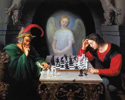 399x319 Playing Chess With The Devil - Devil And Angel Playing Chess Painting