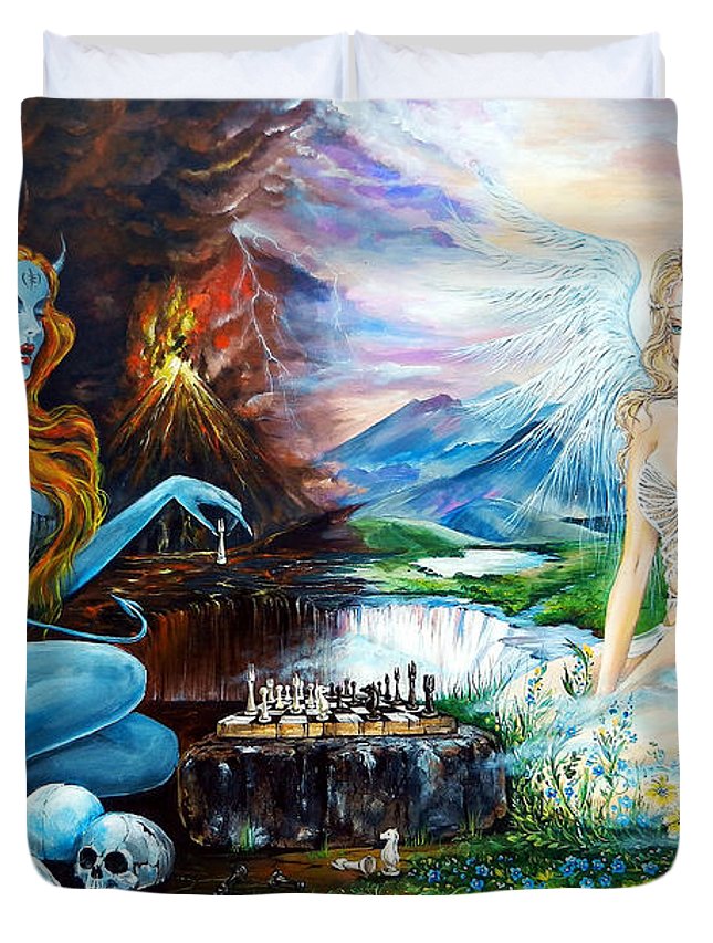 645x853 Devil And Angel Playing Chess Duvet Cover For Sale By Angel Egle - Devil And Angel Playing Chess Painting