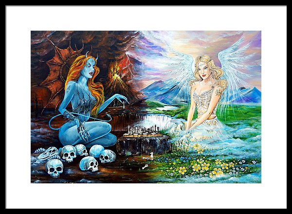 600x440 Devil And Angel Playing Chess Framed Print By Angel Egle Wierenga - Devil And Angel Playing Chess Painting
