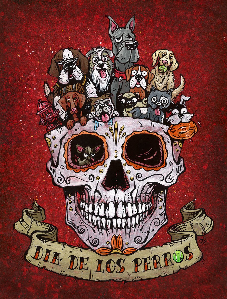913x1200 Dia De Los Perros By David Lozeau Day Of The Dead - Dia De Los Muertos Painting