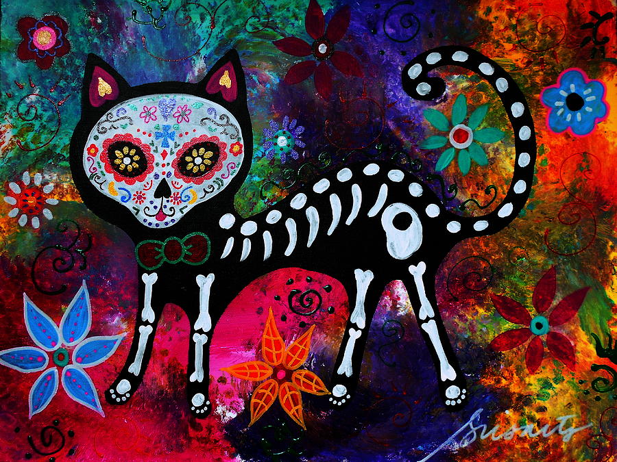 900x675 El Gato Ii Dia De Los Muertos Painting By Pristine Cartera Turkus - Dia De Muertos Painting