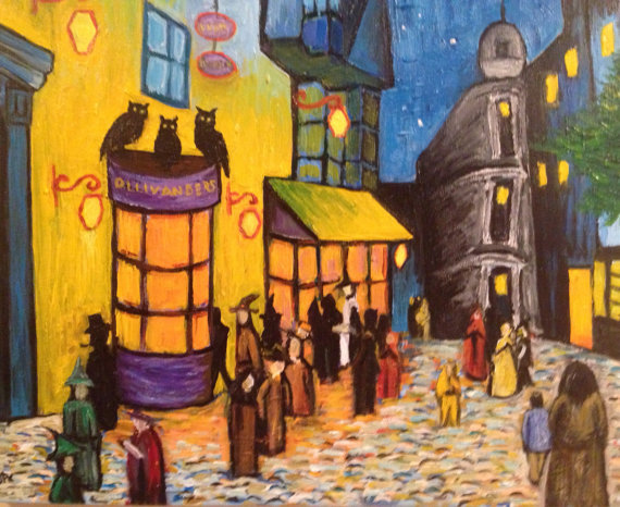 570x466 Hand Painted Harry Potter Diagon Alley At Night Painting By - Diagon Alley Painting