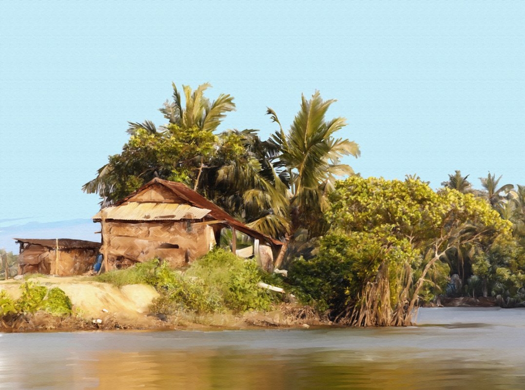 1077x800 Grass Hut By The River, India, Digital Painting, Landscape, Fine - Digital Fine Art Painting