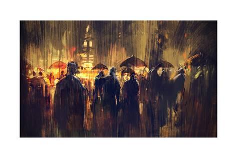 473x315 Crowd Of People With Umbrellas - Digital Painting Prints