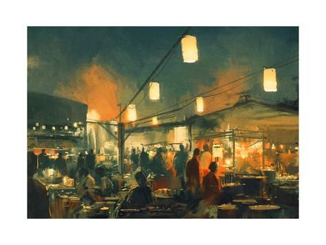 473x355 Crowd Of People Walking In The Market - Digital Painting Prints