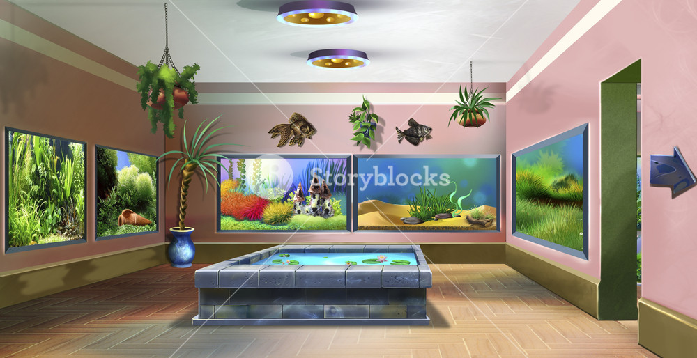 1000x514 Digital Painting Of The Interior Of Pet Shop With Aquariums - Digital Painting Shop
