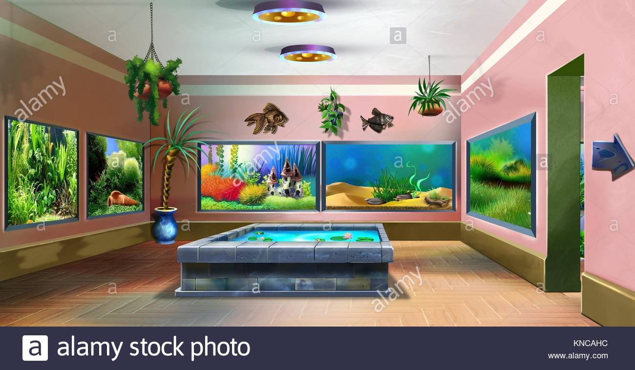 1300x758 Digital Painting Of The Interior Of Pet Shop With Aquariums Stock - Digital Painting Shop