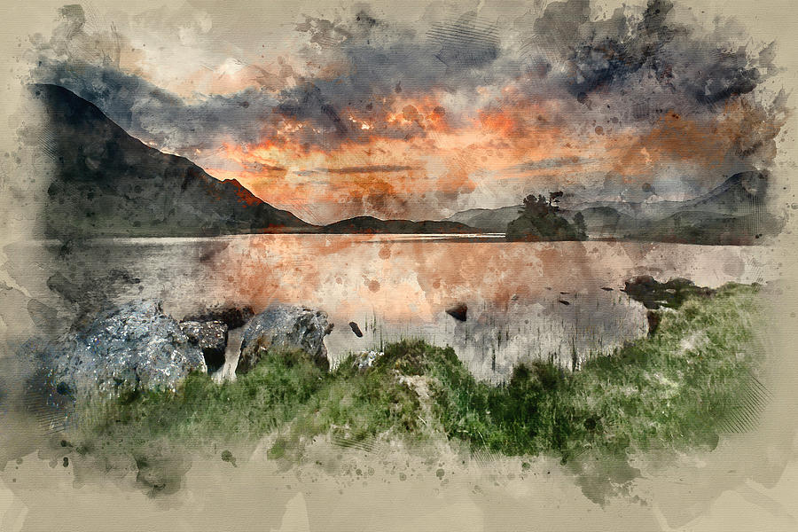 900x600 Digital Watercolor Painting Of Stunning Mountain And Lake Sunris - Digital Watercolor Painting