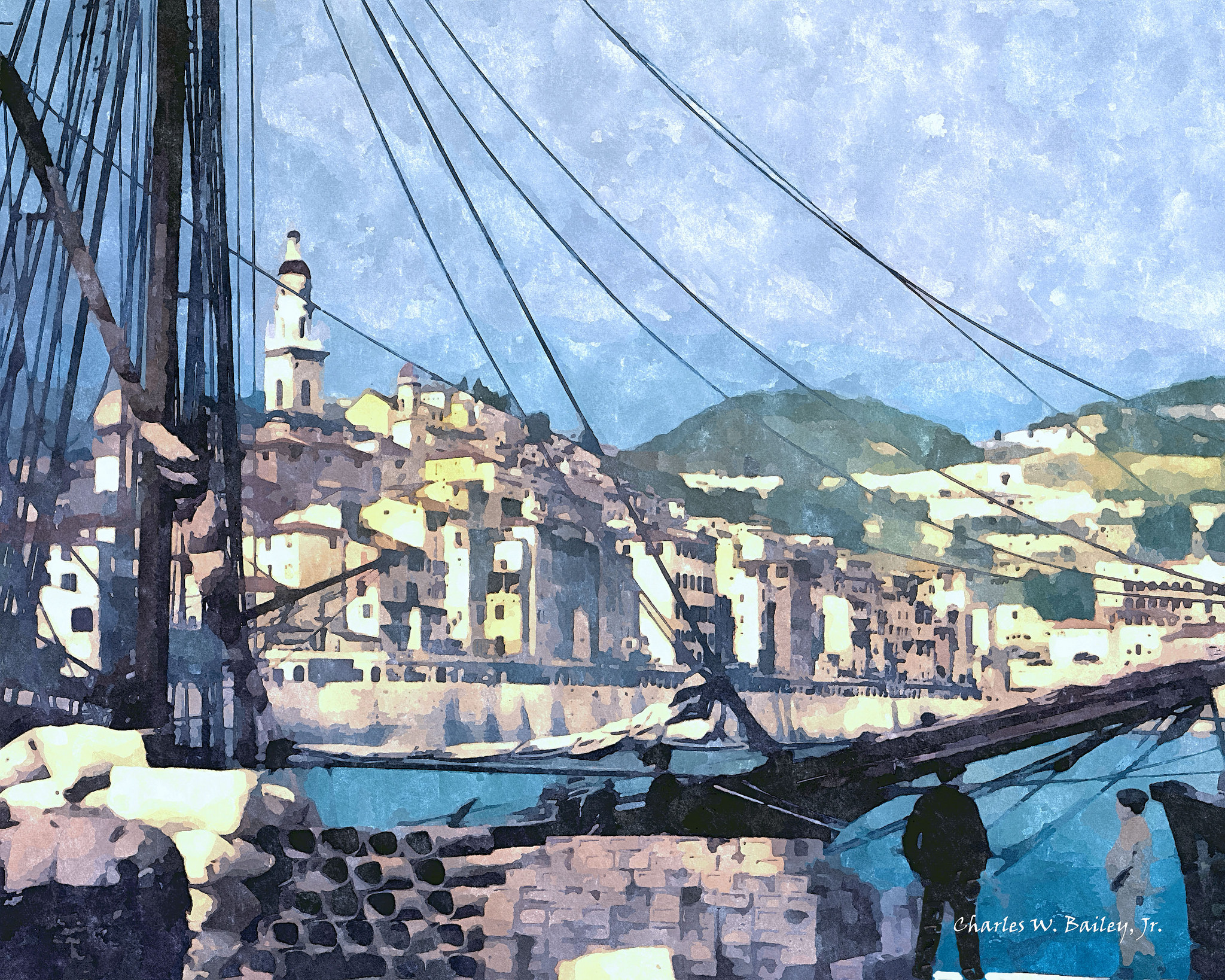 2048x1638 Digital Watercolor Painting Of A Sailing Ship In Menton Harbor - Digital Watercolor Painting