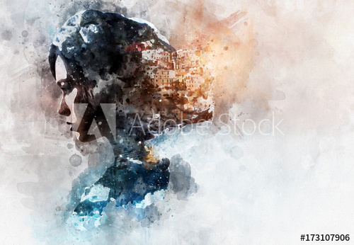 500x346 Digital Watercolor Painting. Double Exposure. Woman And View - Digital Watercolor Painting