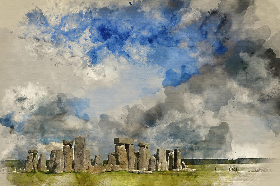900x598 Digital Watercolor Painting Of Stonehenge In Summer Landscape - Digital Watercolor Painting