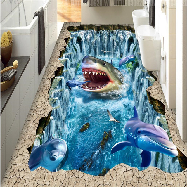 640x640 Beibehang Floor Wallpaper Shark Dolphin Waterfall 3d Three - Dimensional Painting