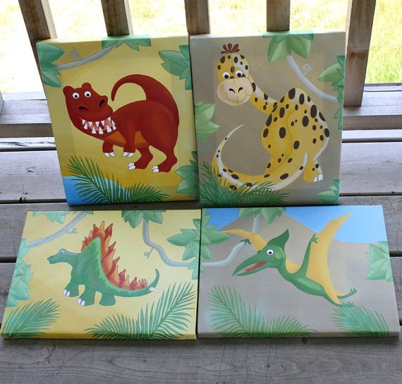 570x544 Set Of 4 Dinosaur On Stretched Canvases Kids Canvas Bedroom Wall - Dinosaur Kids Painting