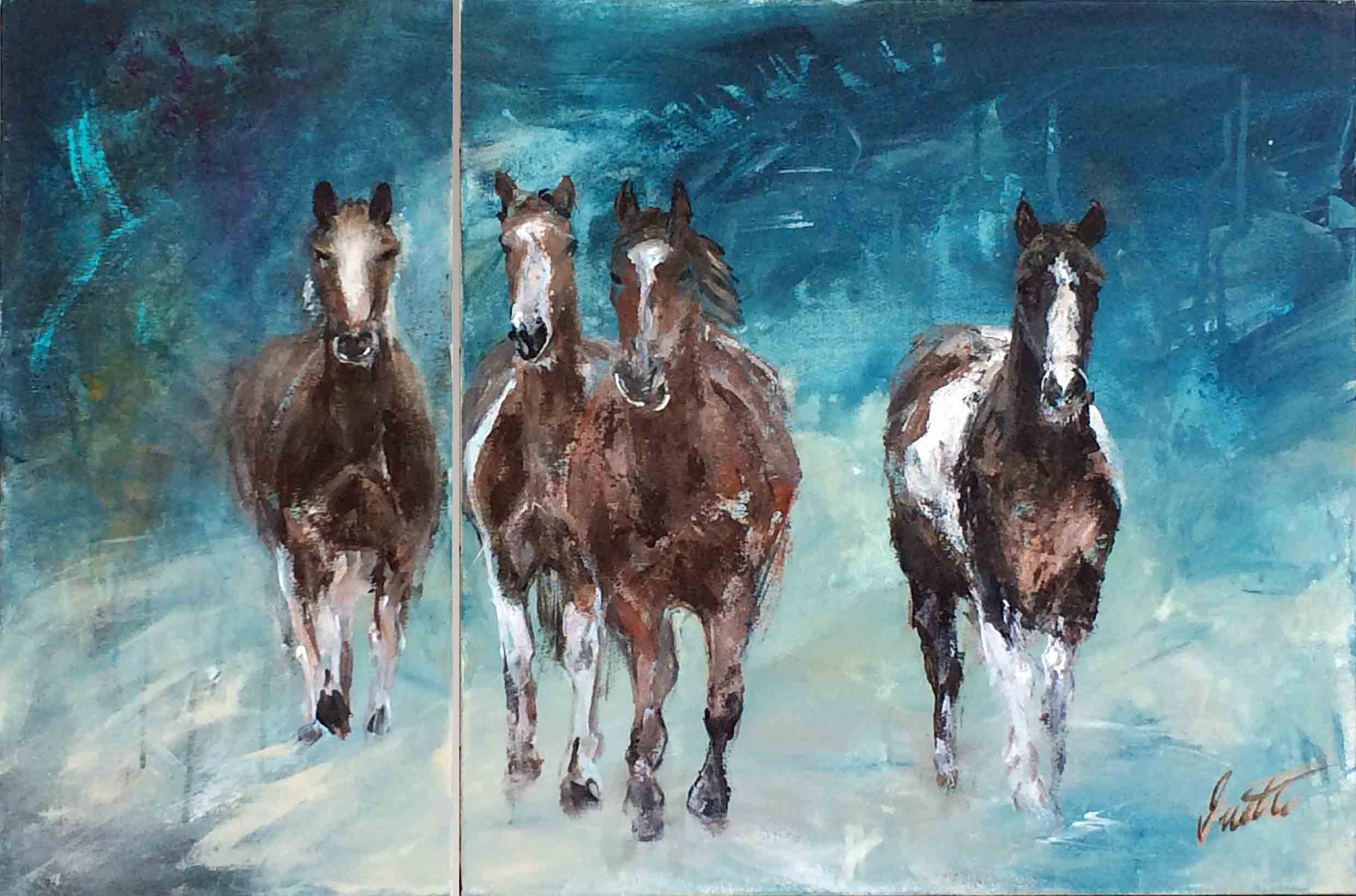 2480x1640 The Usual Suspects Original Acrylic Horses Painting Diptych - Diptych Painting