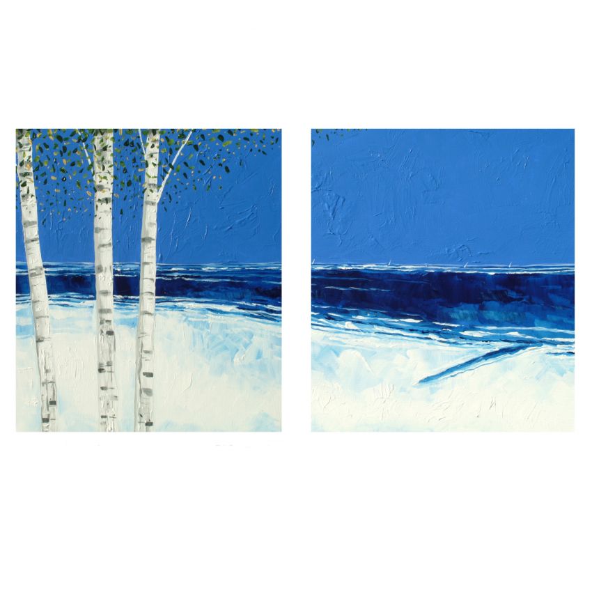 850x850 Trees And Sea Original Diptych Painting Stuart Roy - Diptych Painting